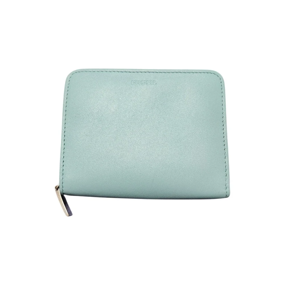 Fossil Aqua Blue‎ Leather Compact Zip Around Bifold Wallet with ID Window